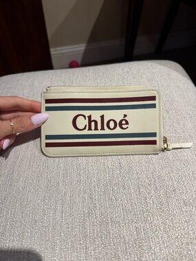 Chloé Cream Leather Key & Card Holder with Burgundy and Teal Stripes